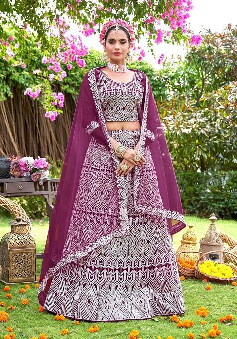 Wine Embroidered Net Lehenga Set