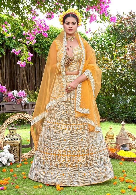 Yellow Embroidered Net Lehenga Set