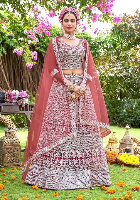 Peach Embroidered Net Lehenga Set