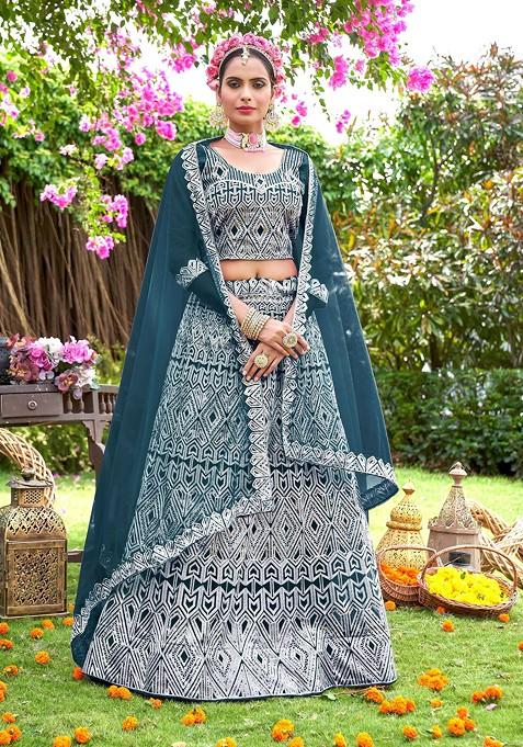 Teal Blue Embroidered Net Lehenga Set