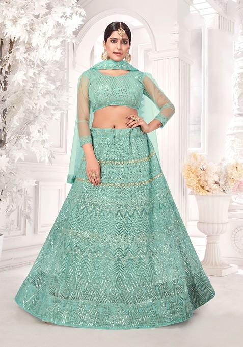 Sea Green Embroidered Net Lehenga Set