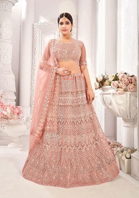 Peach Embroidered Net Lehenga Set