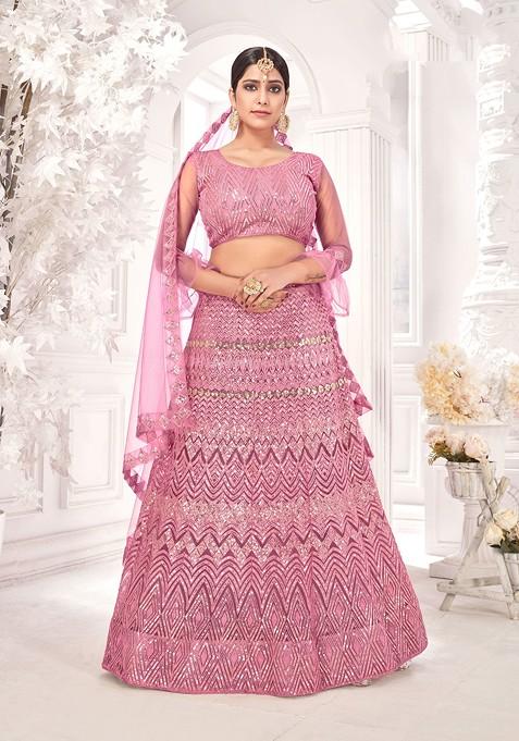 Pink Embroidered Net Lehenga Set