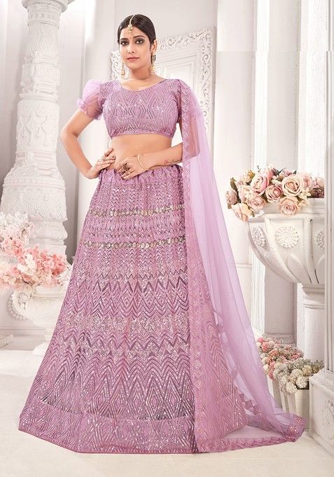 Pink Embroidered Net Lehenga Set