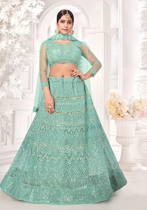 Aqua Blue Embroidered Net Lehenga Set