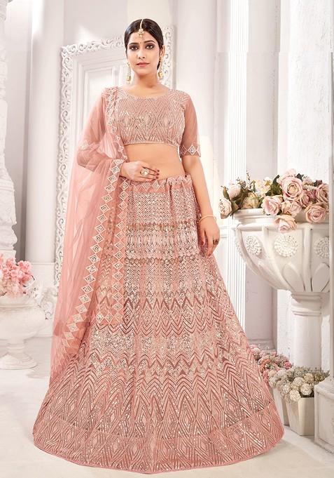 Peach Embroidered Net Lehenga Set