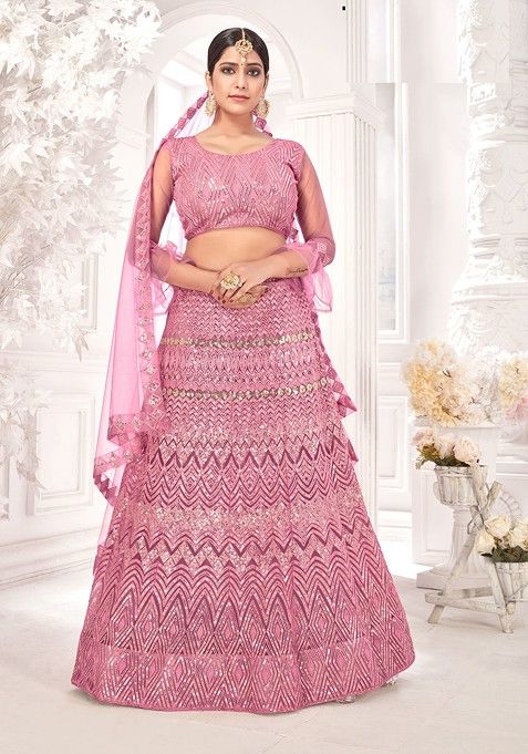 Pink Embroidered Net Lehenga Set