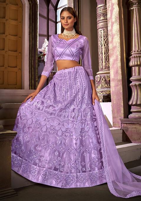 Purple Embroidered Net Lehenga Set