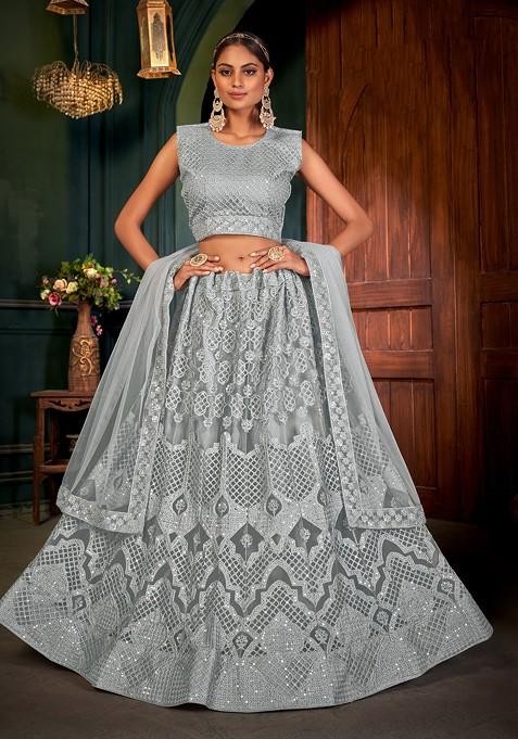 Grey Embroidered Net Lehenga Set