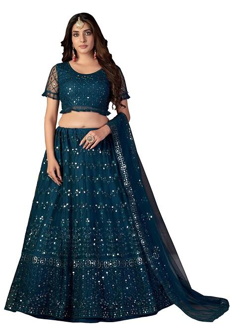 Teal Blue Embroidered Net Lehenga Set