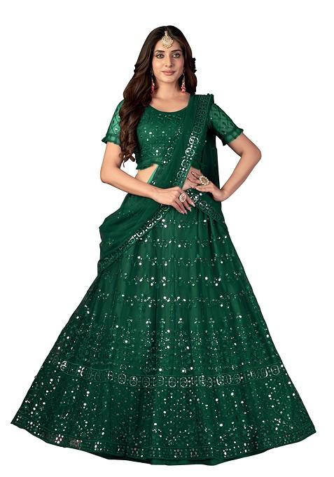 Green Embroidered Net Lehenga Set