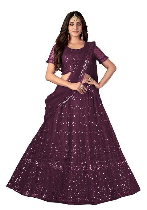 Purple Embroidered Net Lehenga Set