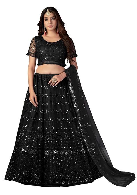 Black Embroidered Net Lehenga Set