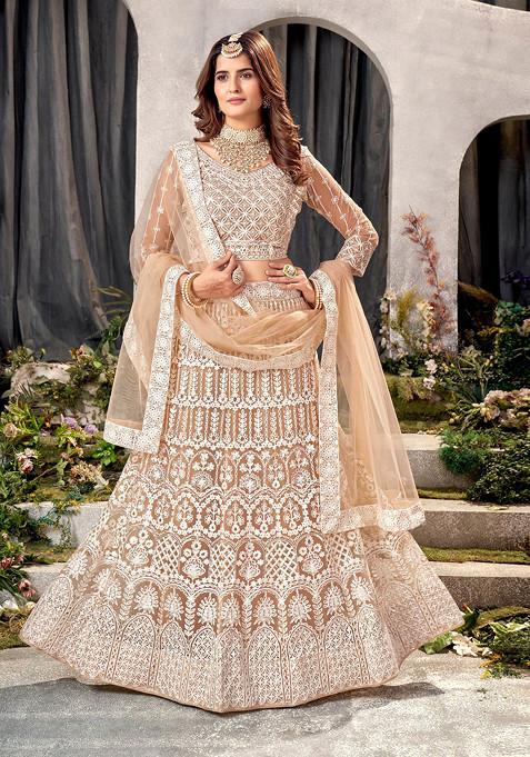 Cream Embroidered Net Lehenga Set