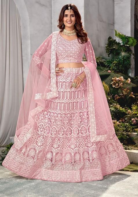 Pink Embroidered Net Lehenga Set