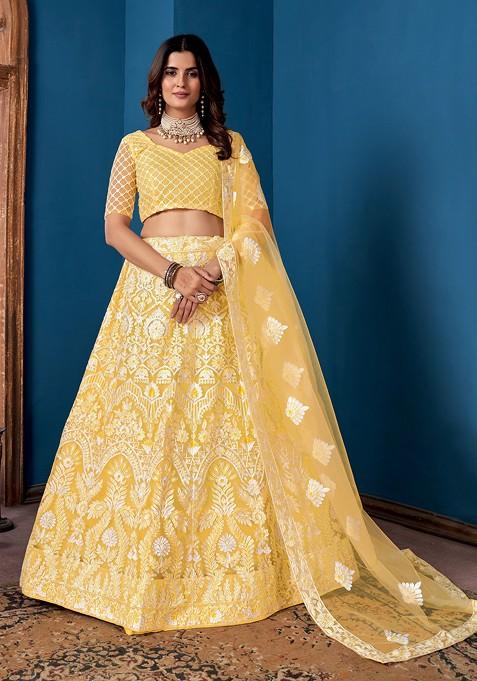 Yellow Embroidered Net Lehenga Set