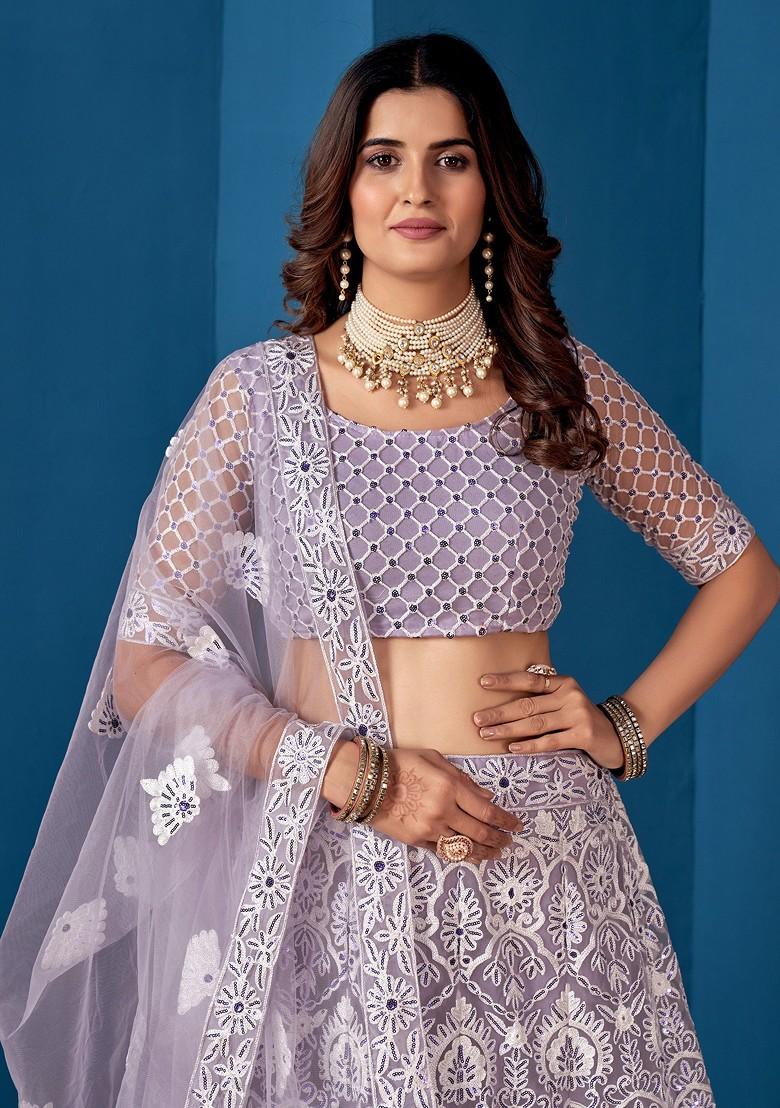 Lavender Embroidered Net Lehenga Set - Indya
