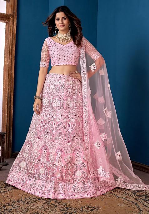 Pink Embroidered Net Lehenga Set