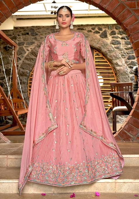 Off Pink Embroidered Net Lehenga Set