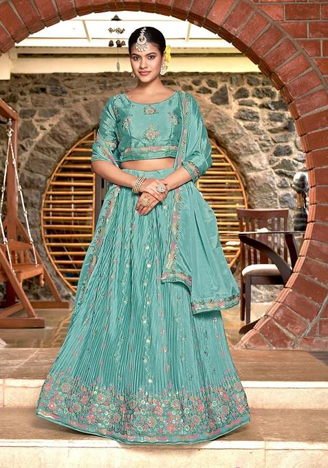 Sky Blue Embroidered Net Lehenga Set