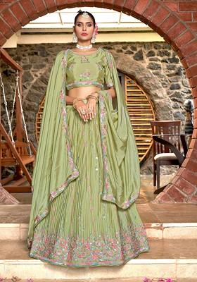 Off Green Embroidered Net Lehenga Set