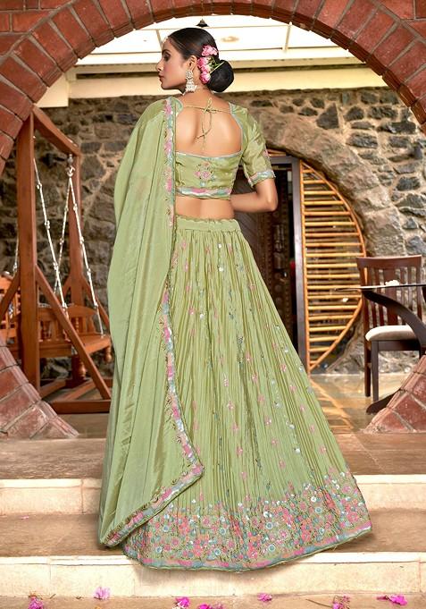 Off Green Embroidered Net Lehenga Set