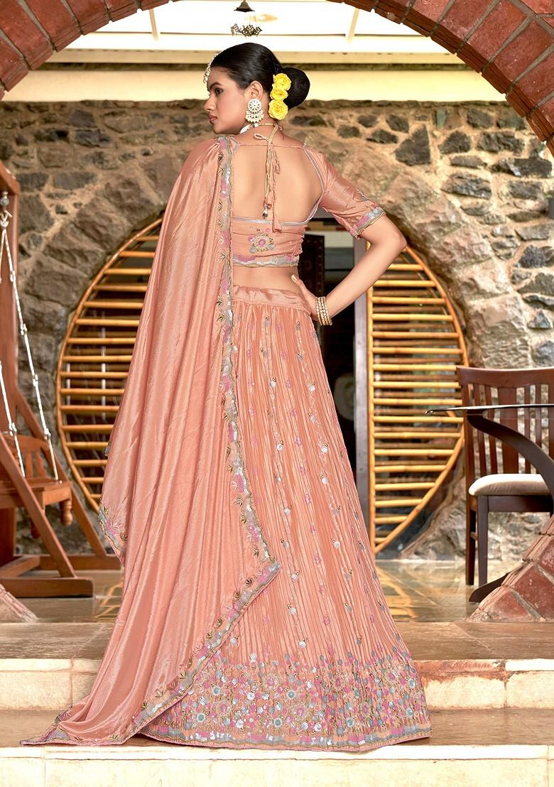 Peach Embroidered Net Lehenga Set
