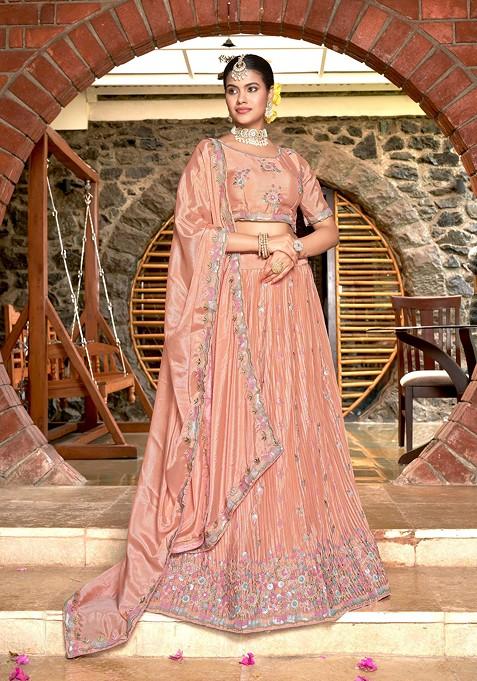 Peach Embroidered Net Lehenga Set