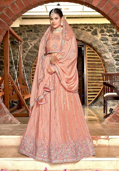 Peach Embroidered Net Lehenga Set