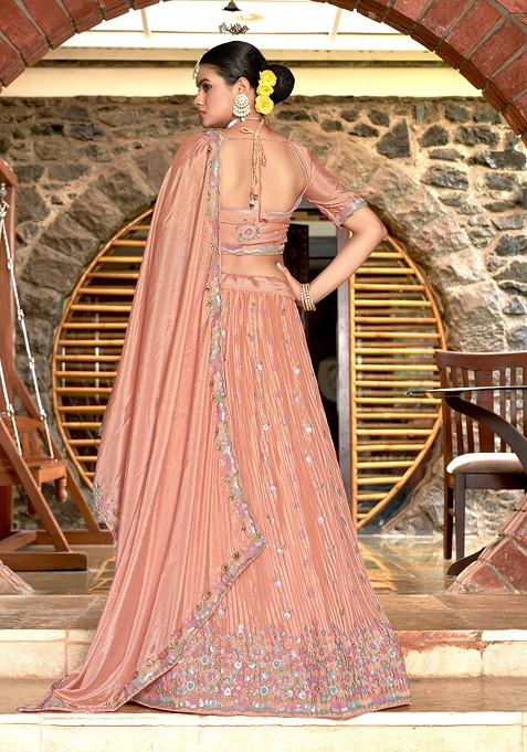 Peach Embroidered Net Lehenga Set