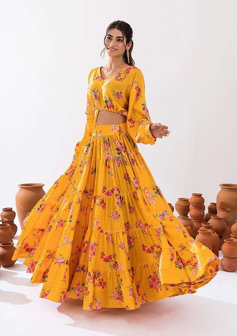 Yellow Printed Heavy Airtex Chinon Lehenga Set - Indya