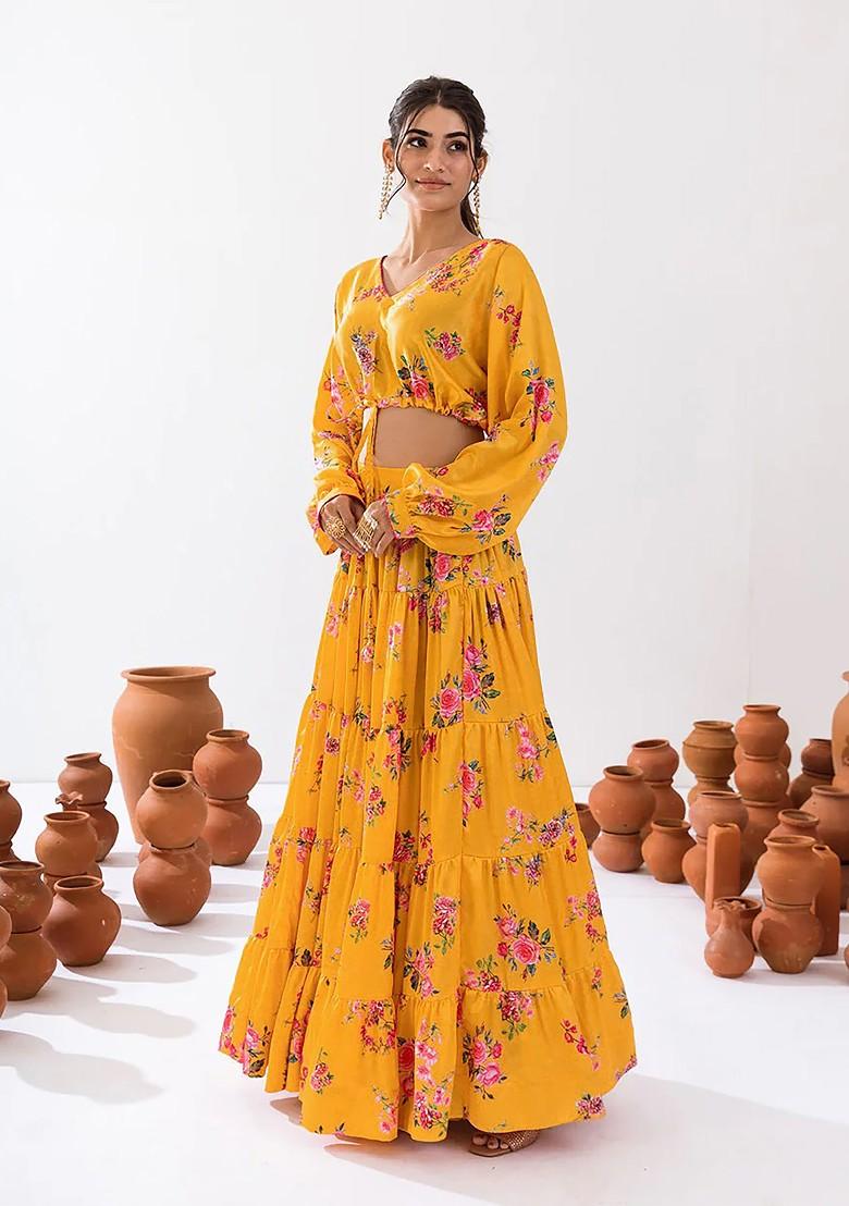 Yellow Printed Heavy Airtex Chinon Lehenga Set