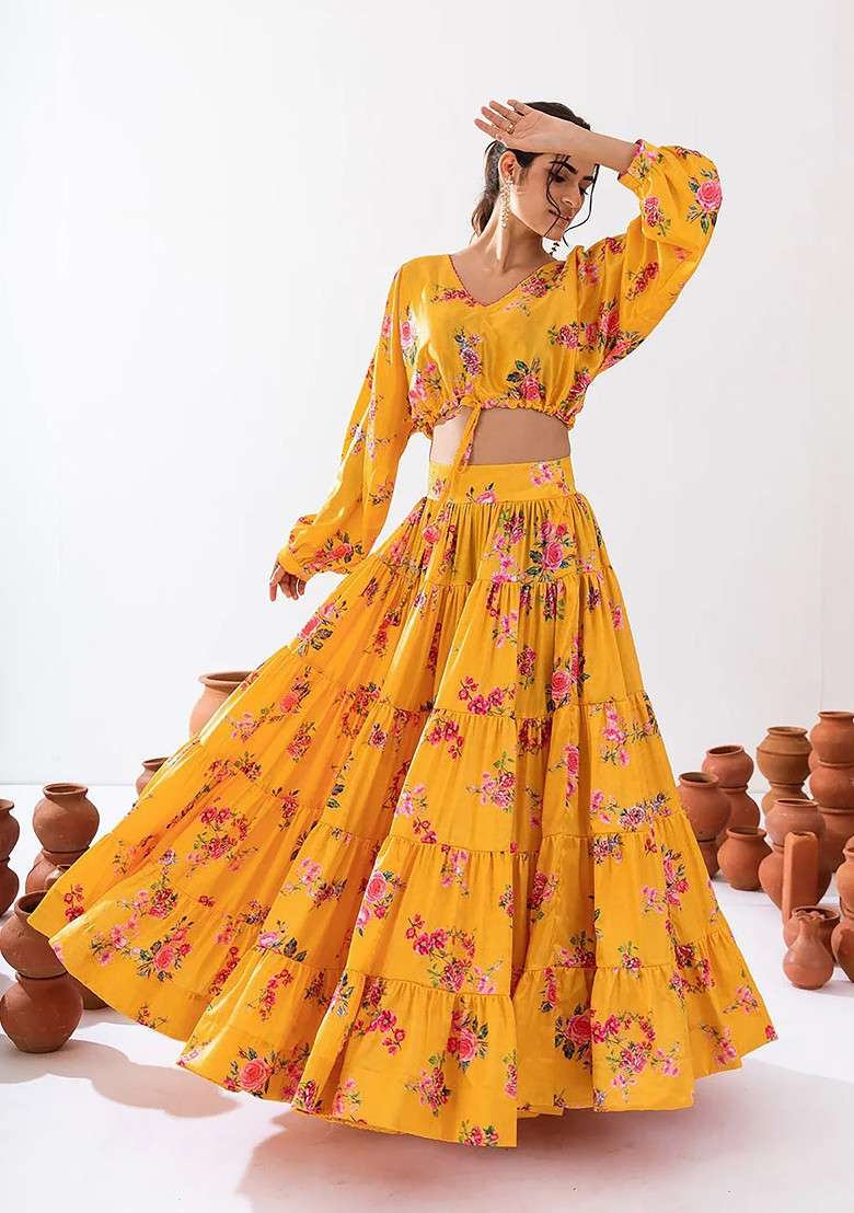 Yellow Printed Heavy Airtex Chinon Lehenga Set - Indya