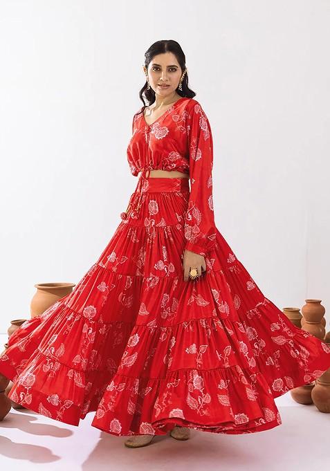 Sample Red  Printed Heavy Airtex Chinon Lehenga Set