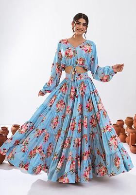 Turquoise Blue Printed Heavy Airtex Chinon Lehenga Set