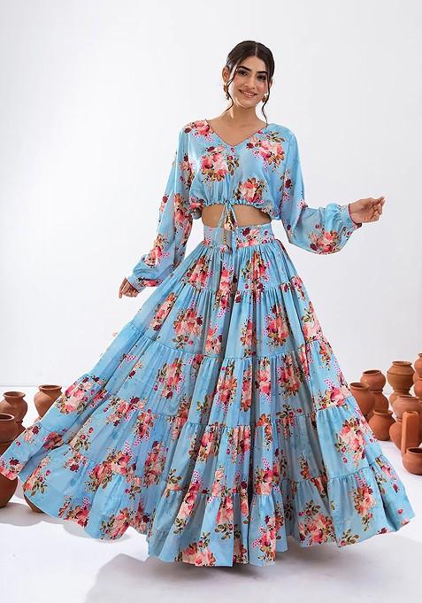 Turquoise Blue Printed Heavy Airtex Chinon Lehenga Set