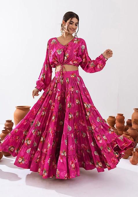 Magenta Printed Heavy Airtex Chinon Lehenga Set