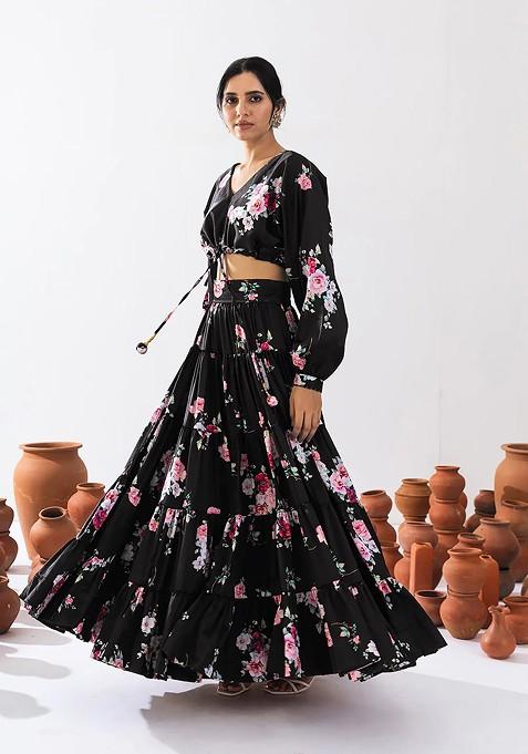 Black Printed Heavy Airtex Chinon Lehenga Set