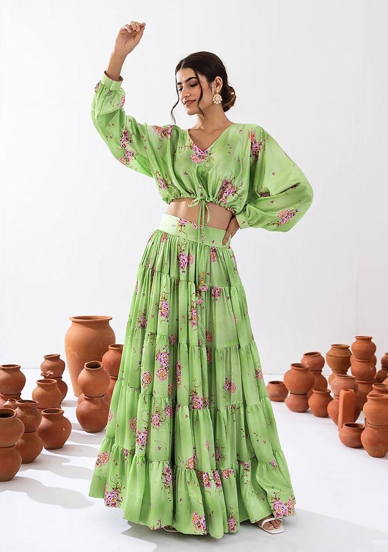 Pista Green Printed Heavy Airtex Chinon Lehenga Set