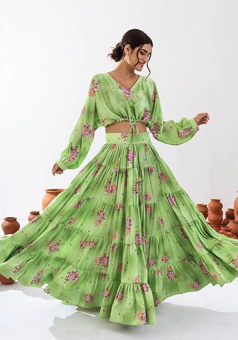 Pista Green Printed Heavy Airtex Chinon Lehenga Set