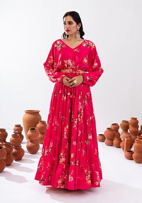 Rani Pink Printed Heavy Airtex Chinon Lehenga Set