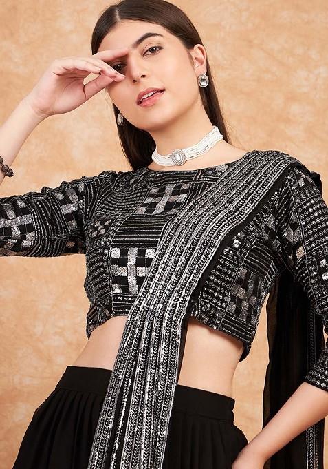 Black Sequin Embroidered Flared Lehenga Set With Dupatta