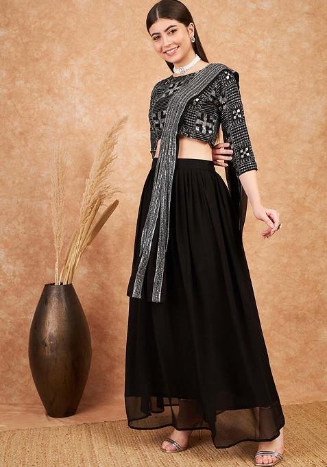 Black Sequin Embroidered Flared Lehenga Set With Dupatta