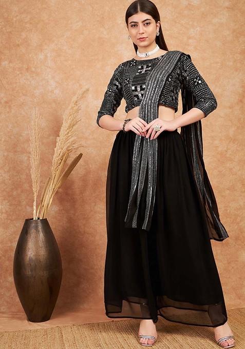 Black Sequin Embroidered Flared Lehenga Set With Dupatta
