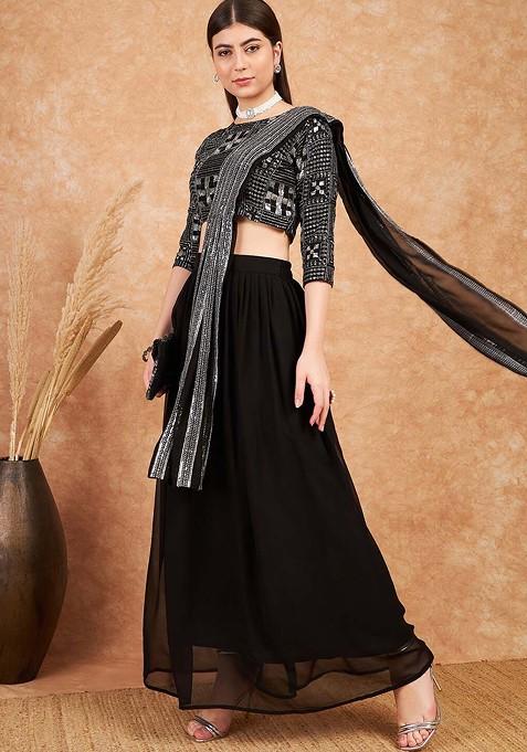 Black Sequin Embroidered Flared Lehenga Set With Dupatta