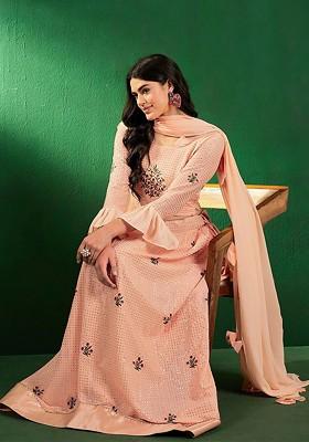 Peach Sequin Embroidered Lehenga Set With Dupatta