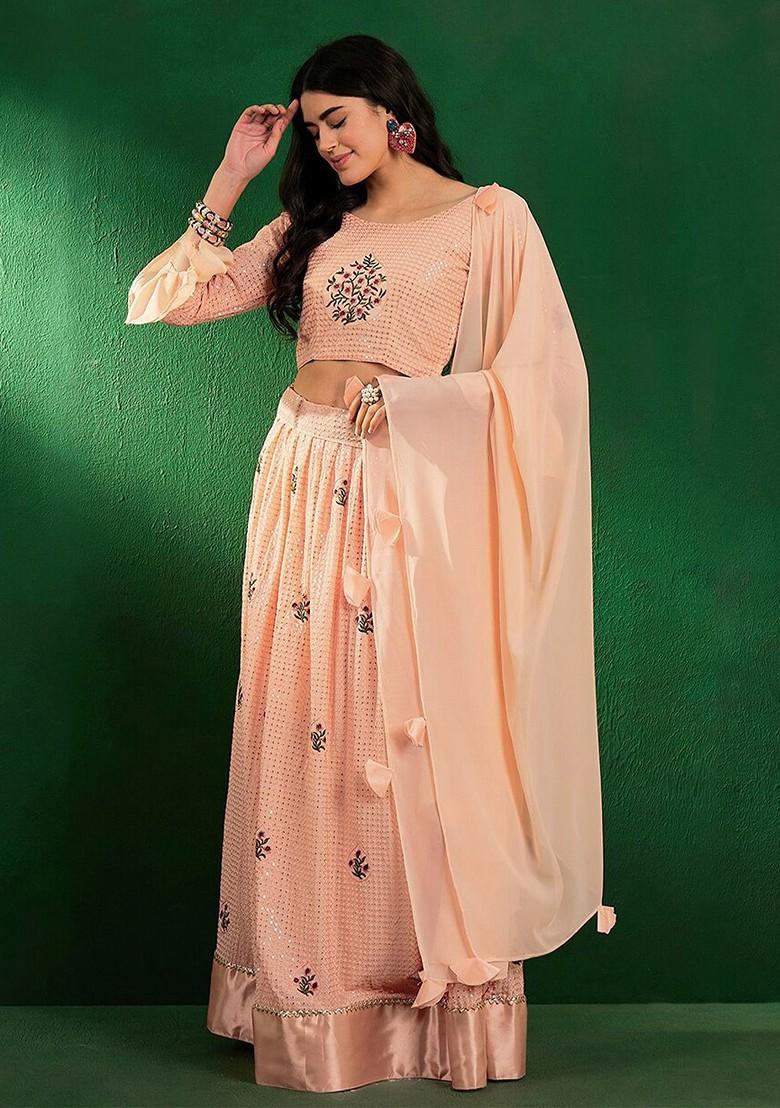 Peach Sequin Embroidered Lehenga Set With Dupatta