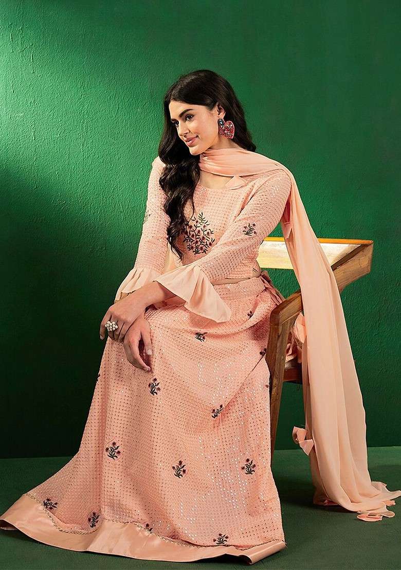 Peach Sequin Embroidered Lehenga Set With Dupatta - Indya