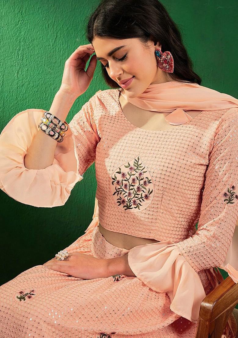 Peach Sequin Embroidered Lehenga Set With Dupatta