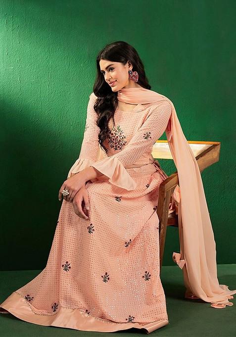 Peach Sequin Embroidered Lehenga Set With Dupatta